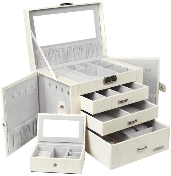 

jewelry boxes homde box for women girls with small travel case mirror necklace ring earrings organizer white wood grain amoqw3823488, Black;white