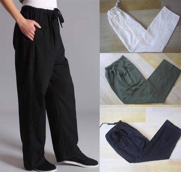 

100 cotton chinese traditional men039s kung fu pants wu shu tai chi elastic waist loose long trousers s m  xl xxl xxxl cb04165622939, Black