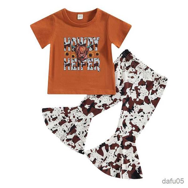 

clothing sets toddler kids girls clothes set cow head letter print short sleeve t-shirts and flare pants 2pcs suit r230815, White