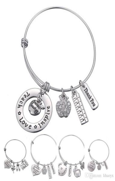 

love inspire teach white crystal apple ruler bracelet stainless steel pendant bangle jewelry gift teacher friend dlh2044685218, Golden;silver
