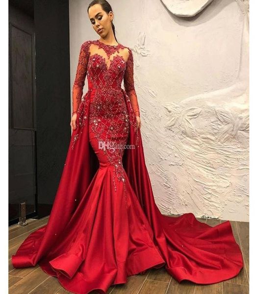 

red mermaid evening dresses with detachable train beading appliques crystal celebrity prom gowns satin long sleeve robe de 6450120, Black;red
