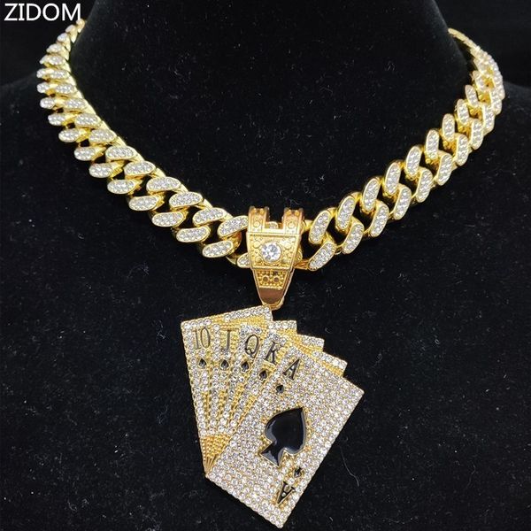 

pendant necklaces men women hip hop playing card pendant necklace with crystal cuban chain hiphop iced out bling necklaces fashion charm jew, Silver