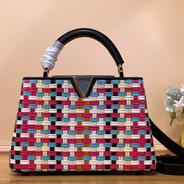 

woven tote bag designer bags color classic handbag shoulder bag women luxury bag mirror quality beach bag pressed coated fine canvas strip w