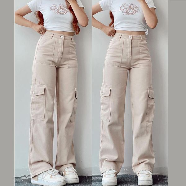 

women's pants capris vintage straight style baggy trousers casual pants waist pocket denim pants summer women's y2k high waist car, Black;white