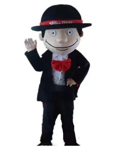 

a boy mascot costume wear black suit and a ted tie for to wear, Red;yellow