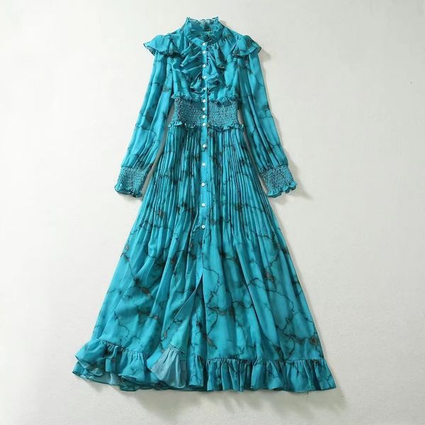 

european and american women's clothing 2023 autumn new stand collar long sleeve blue print fashion ruffled pleated dress xxl, Black;gray