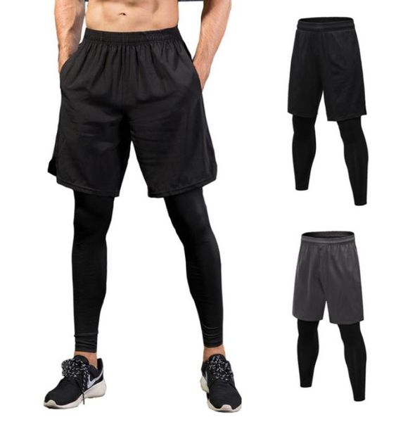 

men skinny running pants false two pieces shorts leggings fitness sport pants quickdrying elastic jogging tights men sportswear p7133537, Black;blue