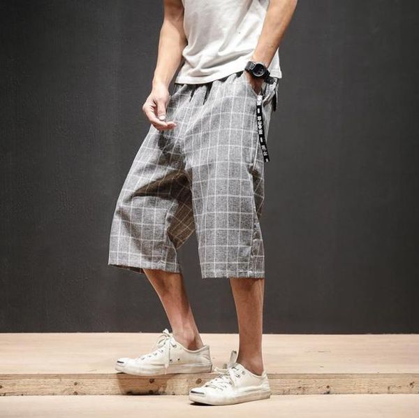 

men039s shorts 2021 summer wide leg plaid harem pants linen large size loose casual beach japanese favorite wild street tide2216366, White;black