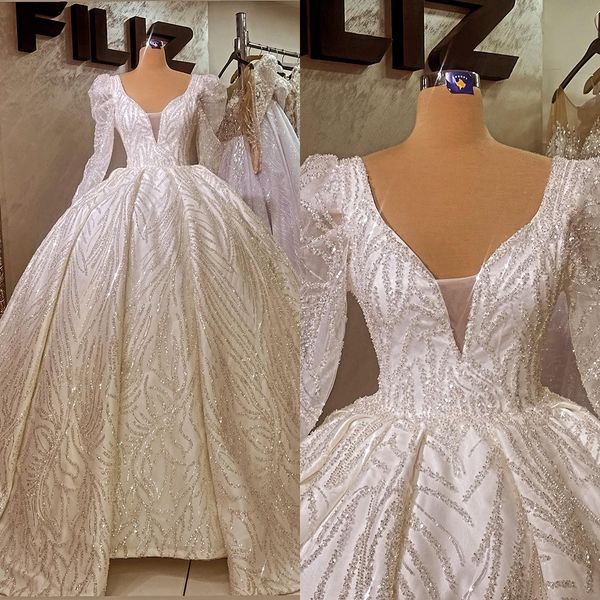 

gorgeous beads ball gown wedding dresses v neck long sleeves appliques lace robe de mariee custom made lace-up back sweep train bride, White
