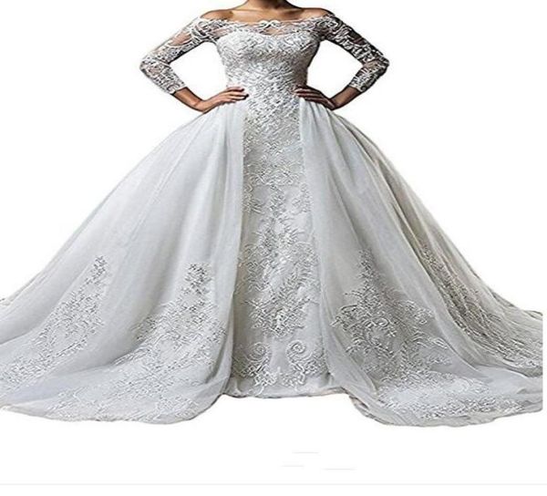 

vintage bateau neck lace long sleeve wedding dresses with detachable skirt plus size illusion 2019 train vestido de noiva bridal g5654750, White