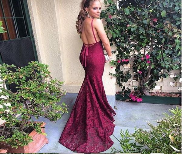 

eyecatching burgundy lace vneck mermaid prom dresses criss cross straps back long train weddingparty dresses3593653, Black