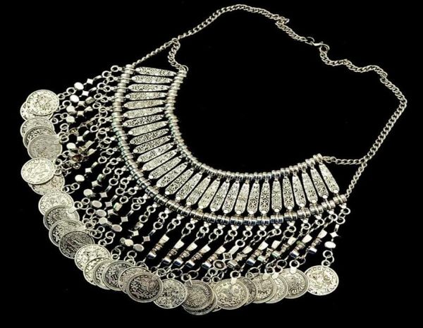 

bohemia vintage style golden silver zamac jewelry handcraft carving metal coin fringe statement necklace8408520
