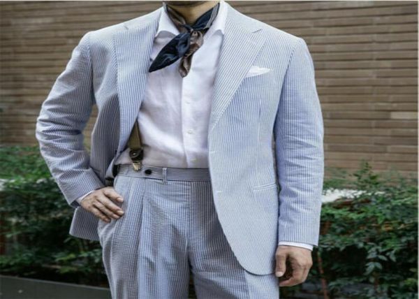 

blue striped seersucker men039s summer soft suits leisure beach formal tuxedos coat groomsmen mens jacket vest pants8126041, Black;gray