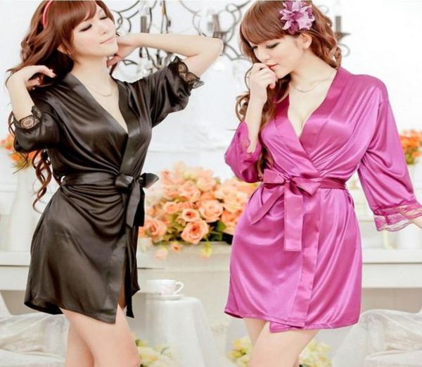 

women039s sleepwear lingerie satin lace kimono intimate robe night gown women underwear 5 colors2848641, Black;red