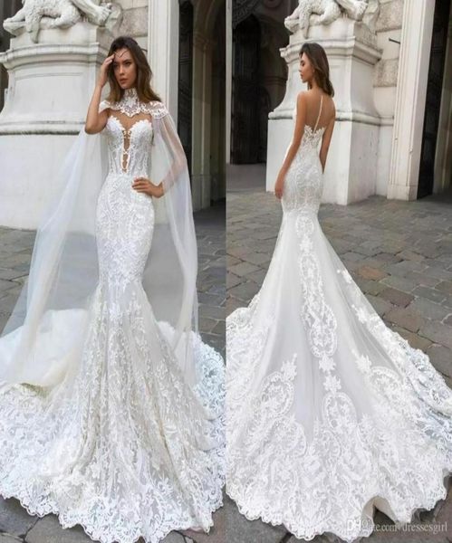 

2020 gorgeous mermaid lace wedding dresses with cape sheer plunging neck bohemian wedding gown appliqued plus size ba93139318360, White