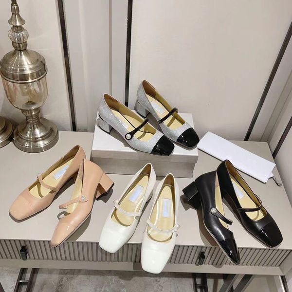 

new mary jane shoes spliced patent leather chunky heel square high heels pearl strap decorated women's designer shoes factory shoes and, Black