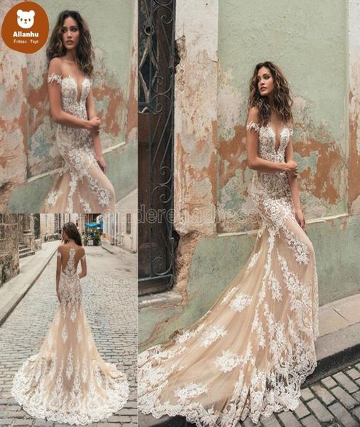 

2022 new mermaid wedding dresses sheer neckline lace appliques bridal gowns champagne tulle short sleeves vestidos de novia b5375796, White
