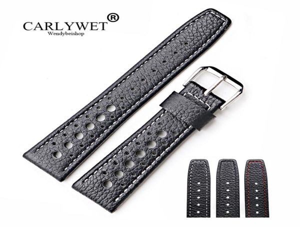 

carlywet 20 22mm real calf leather handmade black with white red stitches wrist watch band strap belt6825302, Black;brown