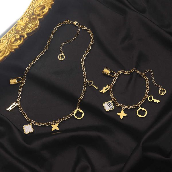 

fashion l designer multi pendant letter titanium steel plated non fading bracelet necklace jewelry set for women's trendy high-end, Black