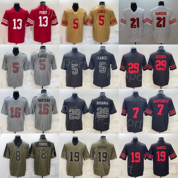 

mans football 5 trey lance jersey 7 colin kaepernick 8 steve young 16 joe montana 21 deion sanders 13 brock purdy 19 deebo samuel 29 talanoa, Black;red