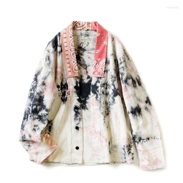 

men's jackets spring autumn japanese fashion splash-ink bandhnu stamp men and women loose costume casual coat, Black;brown