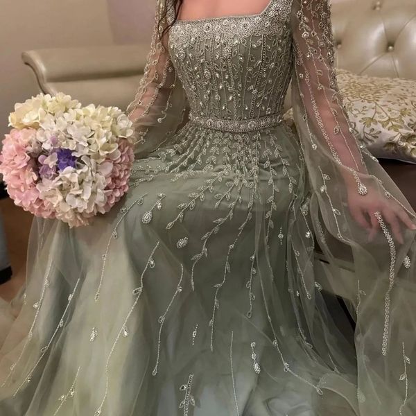 

2023 luxury green a-line elegant mermaid cape sleeves evening dresses arabic beaded tull gowns for women party prom dress, Black;red