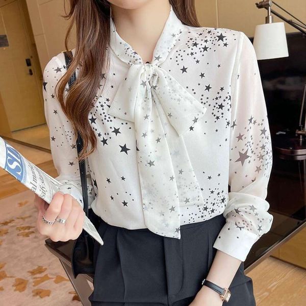 

bow knot french fashion floral shirt womens long sleeve autumn professional star print chiffon top, White