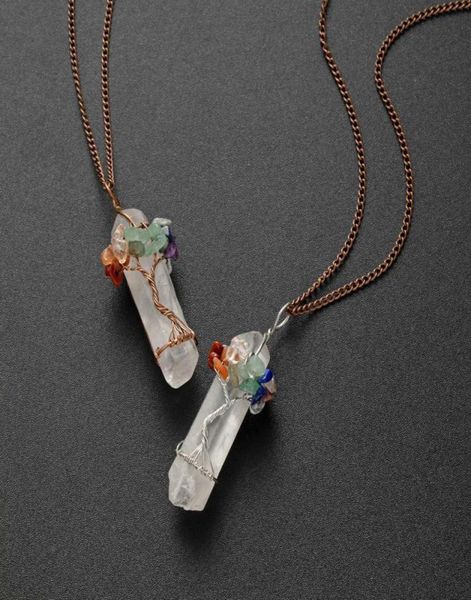 

chakra gemstone tree of life pendant wire wrapped natural clear quartz healing crystal point necklace mother039s day gift9311498, Silver