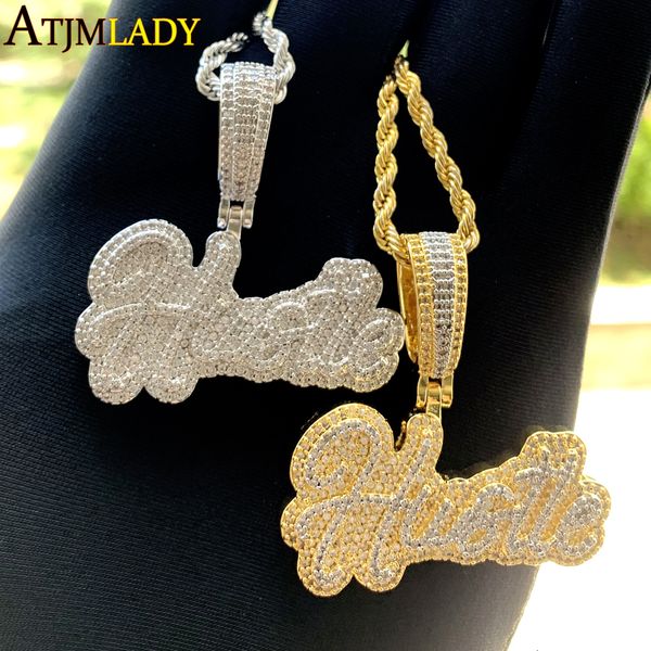 

pendant necklaces men women hip hop hustle letter pendant necklace iced out bling 5a cz cubic zirconia rope chain necklace punk rapper jewel, Silver