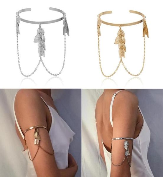 

bangle arm chain retro boho leaves upper cuff armband slave bracelet jewelry bracelete de esqueleto pulseras4503164, Black