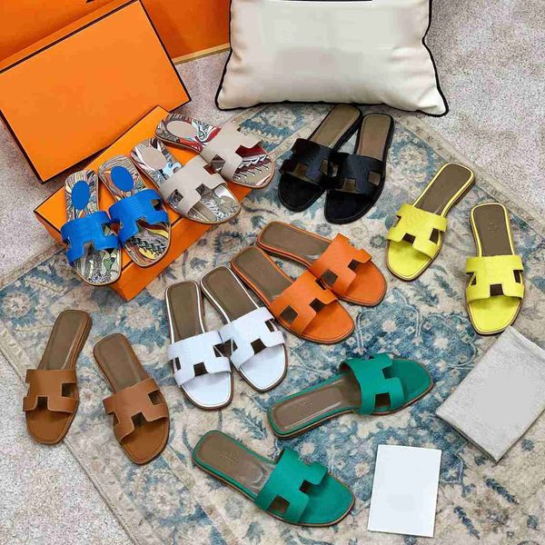 

luxury brand designer oran sandal women's slippers flat flip-flops crocodile leather slippers beach shoes slippers with box size 35-42, Black