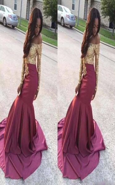

2017 luxury prom dresses off shoulder golden appliques long sleeve sation party dresses custom made mermaid evening go3532359, Black