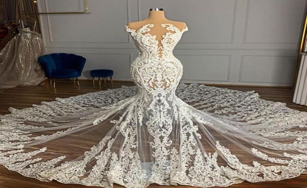 

2021 plus size arabic aso ebi luxurious vintage mermaid wedding dresses lace beaded sheer neck bridal dresses wedding gowns4395485, White