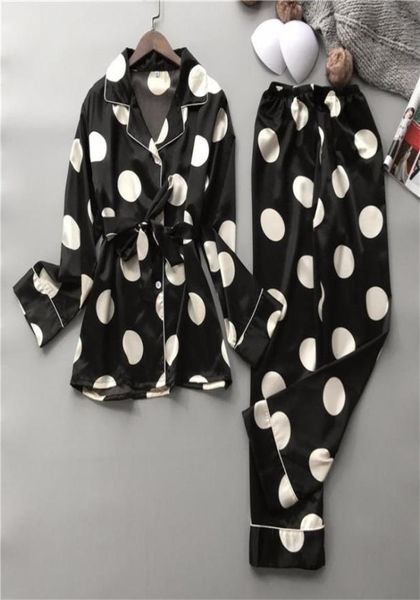 

silk pajamas set women print dot summer female pyjamas long shirt set stitch lingerie home sleepwear lj2009216136358, Black;red