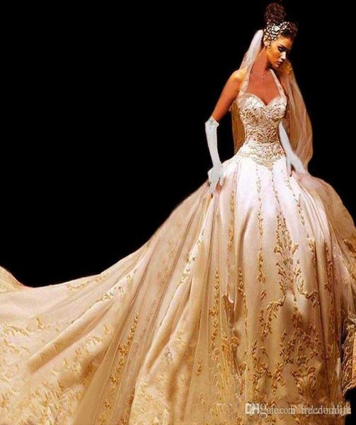 

gorgeous gold embroidered wedding dresses cathedral train halter sweetheart corset back gothic bridal gown abiti da sposa robes de3562259, White