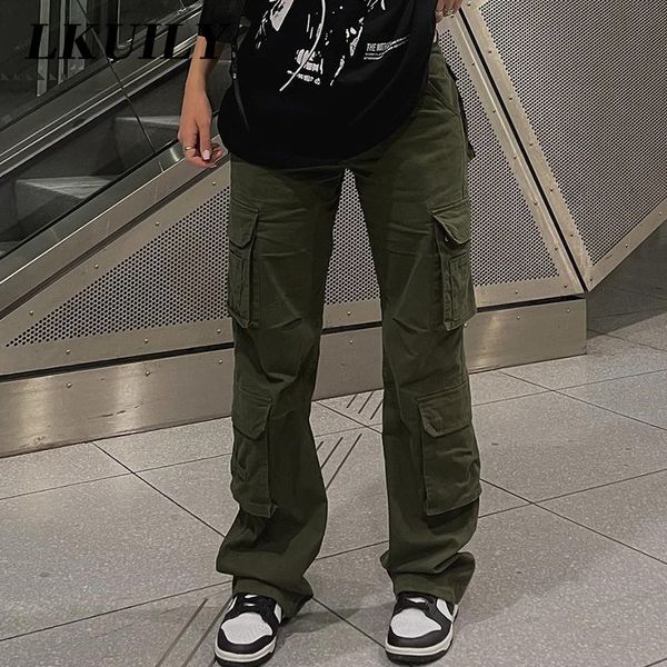 

women's pants capris vintage y2k cargo pants baggy jeans women fashion 90s streetwear pockets wide leg high waist straight denim trouse, Black;white