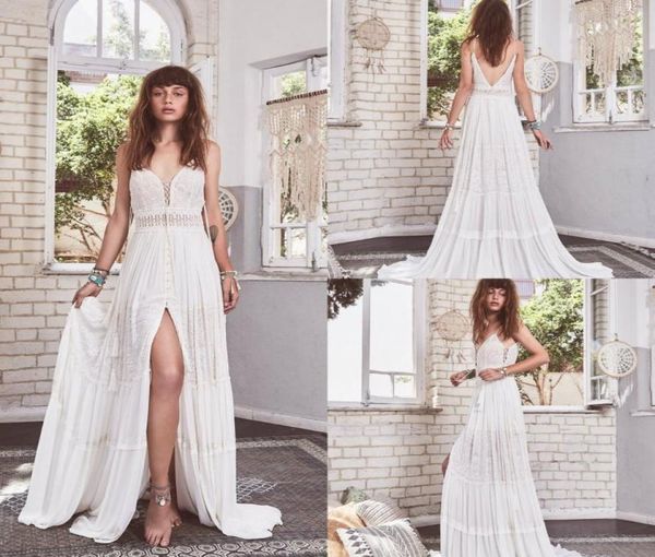 

2019 gypsysis bohemian wedding dresses spaghetti lace appliqued front split a line boho wedding dress sweep train beach bridal gow7247008, White