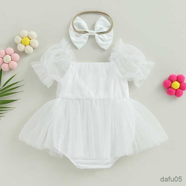 

clothing sets toddler baby's clothes girl summer outfits short sleeve bow front romper tulle dress with headband set 2pcs children&#039, White