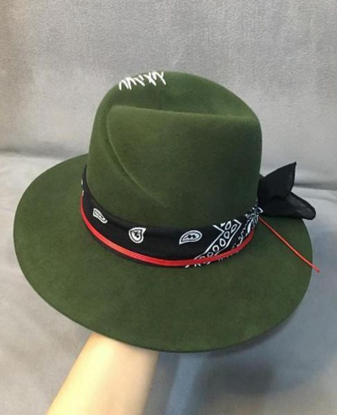 

ethnic style green wide brim fedora hat 100 wool women felt hats panama hat with turban ribbon crushabley porkpie style8630781, Black;white