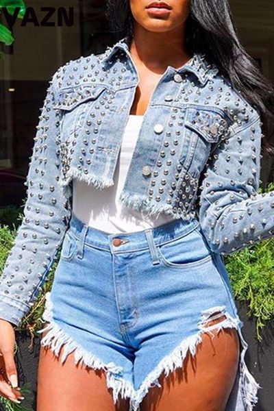 

womens jackets vazn chic spring lady light blue shorts jean coats full sleeve trundown collar rivets cool coats lady casual costs 230815, Black;brown