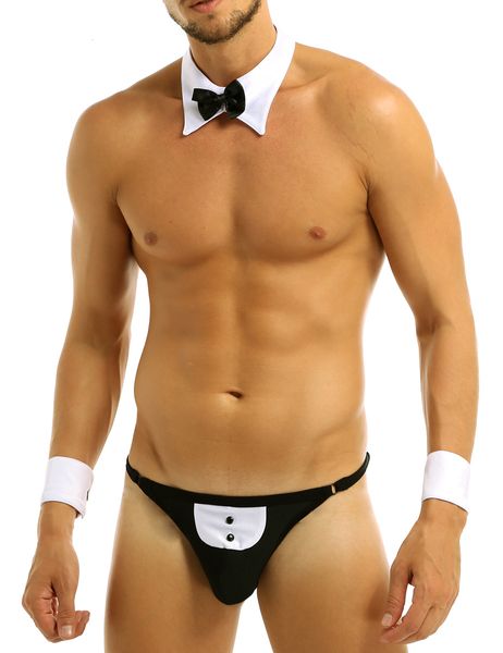 

set mens waiter lingerie set t-back tuxedo costume g-string thong jockstraps gay male underwear with bow tie collar wrist cuff 230815, Red;black