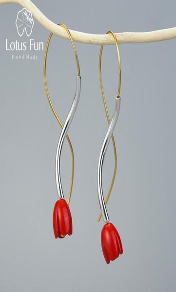 

lotus fun real 925 sterling silver handmade designer fine jewelry ethnic style red rose flower dangle earrings for women gift 21051750480, Golden;silver