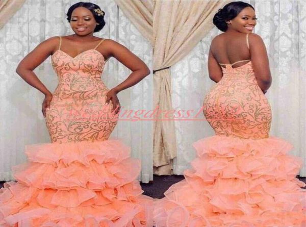 

stunning african straps mermaid evening dresses ruffle tiers arabic party pageant formal said mhamad plus size prom gowns robe de 6871889, Black;red