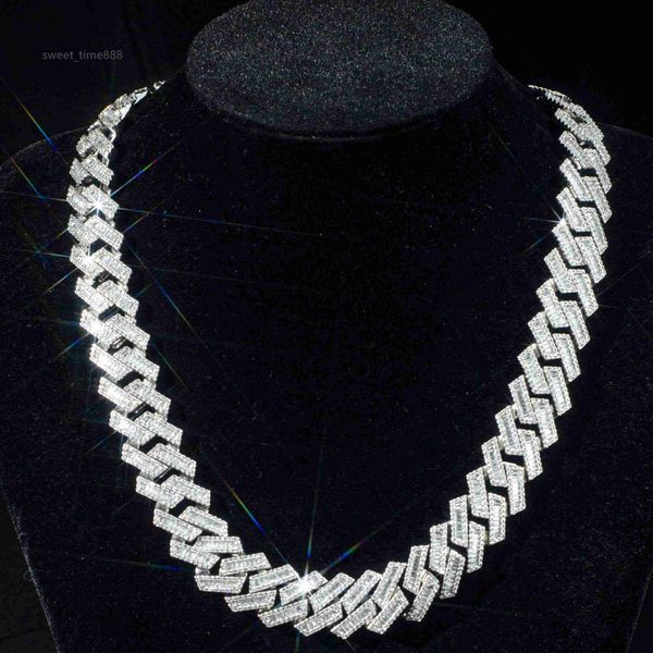 

15mm vvs moissanite cuban link chain necklace custom iced baguette straight line cuban chain hip hop 925 silver jewelry