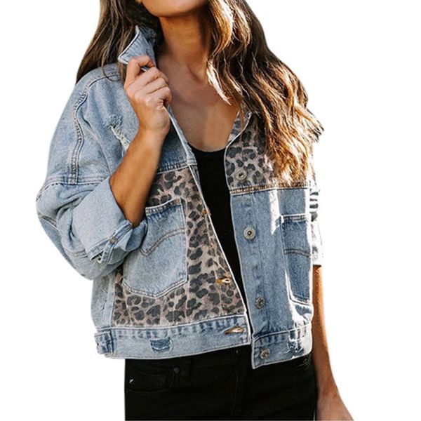 

womens jackets denim jacket splicing button spring autumn women longsleeved european american denim jacket female leopard cardigan 230815, Black;brown