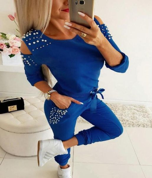 

two piece dress womens jogger tracksuit spring winter casual 2pcs sets long cold shoulder beading sweatshirt and pant9709224, White