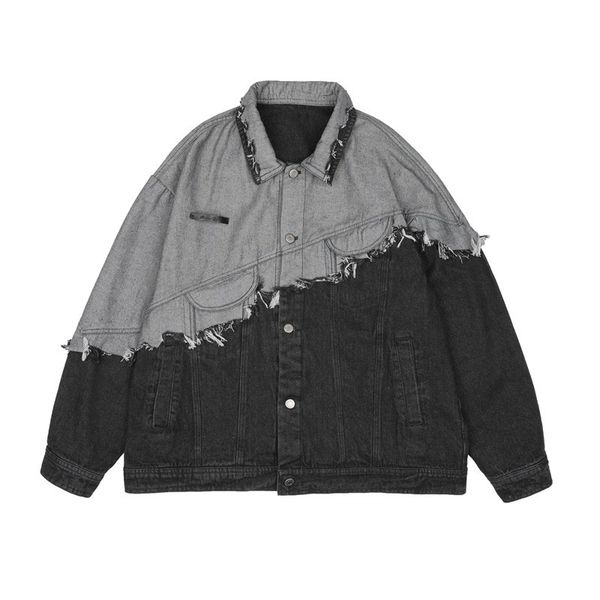 

mens jackets color contrast spliced tassel denim jacket men vintage oversize loose patchwork jeans coat for man 230815, Black;brown