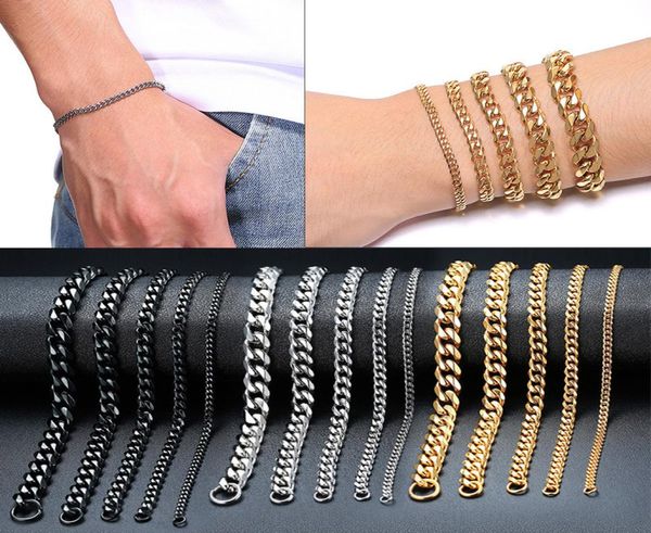 

357911mm thick 22cm long solid rope chain bracelet gold silver plated hip hop cuban chain for mens1396084, Black