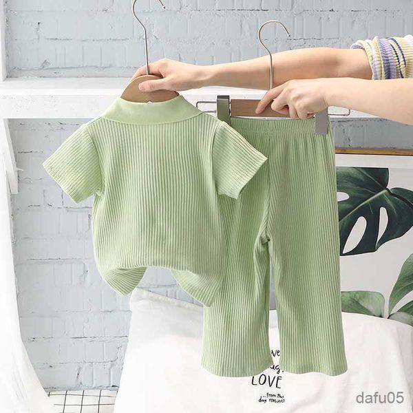 

clothing sets summer girls t-shirt set short sleeve lapel pullover elastic waist straight pants girl casual clothes 2pcs suits r230815, White
