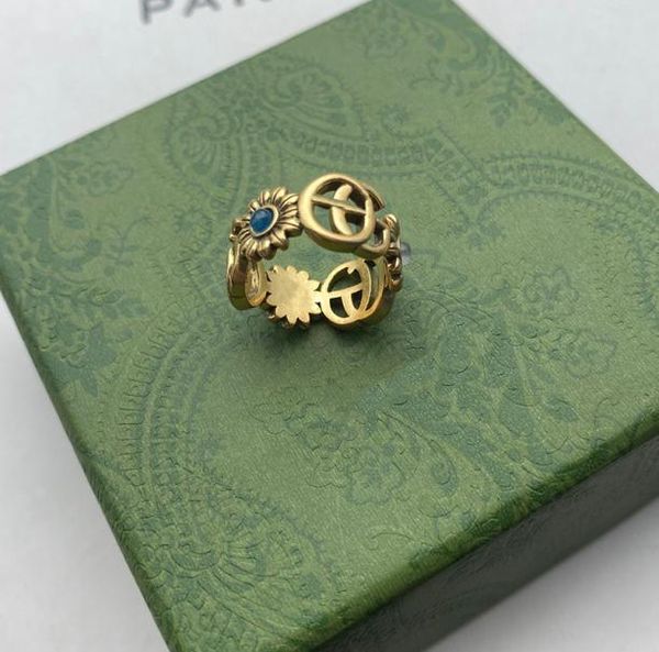 

designer ring golden flower pattern love luxury rings blue diamond fashion womens jewelry men shining never fade not allergic size7728372, Silver